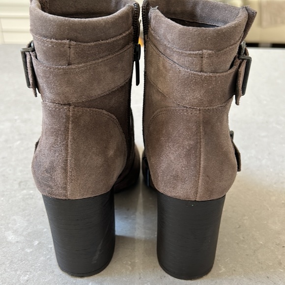 Vince Camuto "Simlee" Soft Tan Suede Leather Buckle Detail Side Zip Ankle Boots - Picture 12 of 16